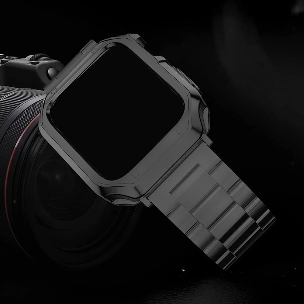 2in1 For Apple Watch 45mm 44mm 42mm 41mm 40mm 38mm band+case Apple Watch Ultra 2 49mm 9 8 7 6 SE Stainless steel band silicone case