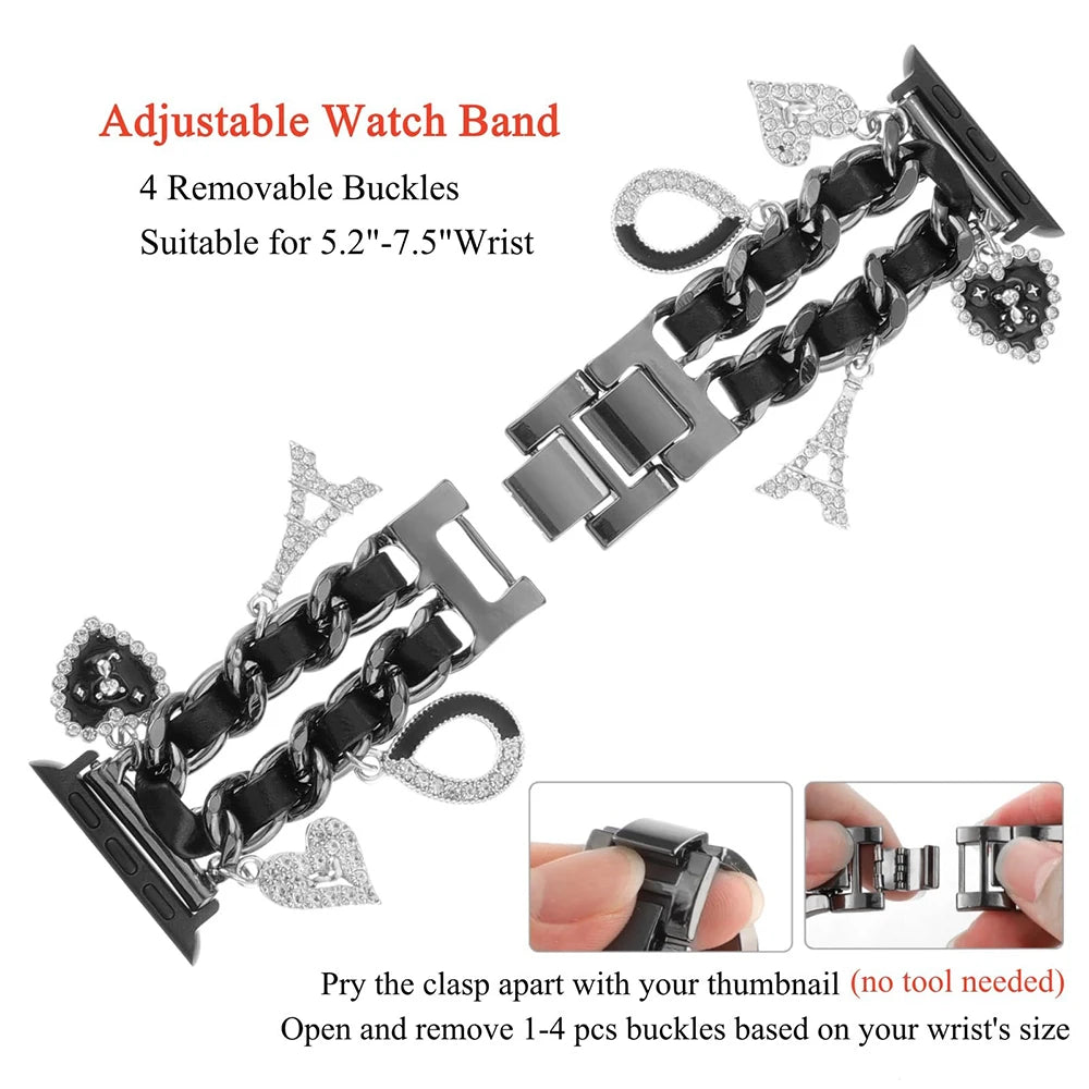 Stylish metal Charms Watch band Compatible with Apple Watch band 38mm 40mm 41mm 42mm 44mm 45mm 49mm Replacement band with Unique Pendants