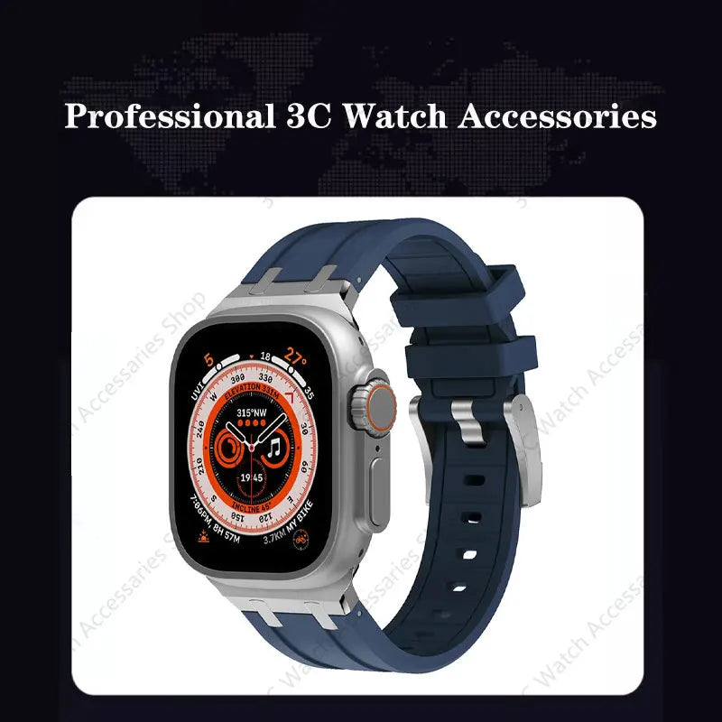 Titanium Color metal Head Silicone band for Apple Watch Ultra 2 49mm 45mm 44mm 42mm Rubber band for Apple Watch Series 9 8 7 6 5 4 SE 3