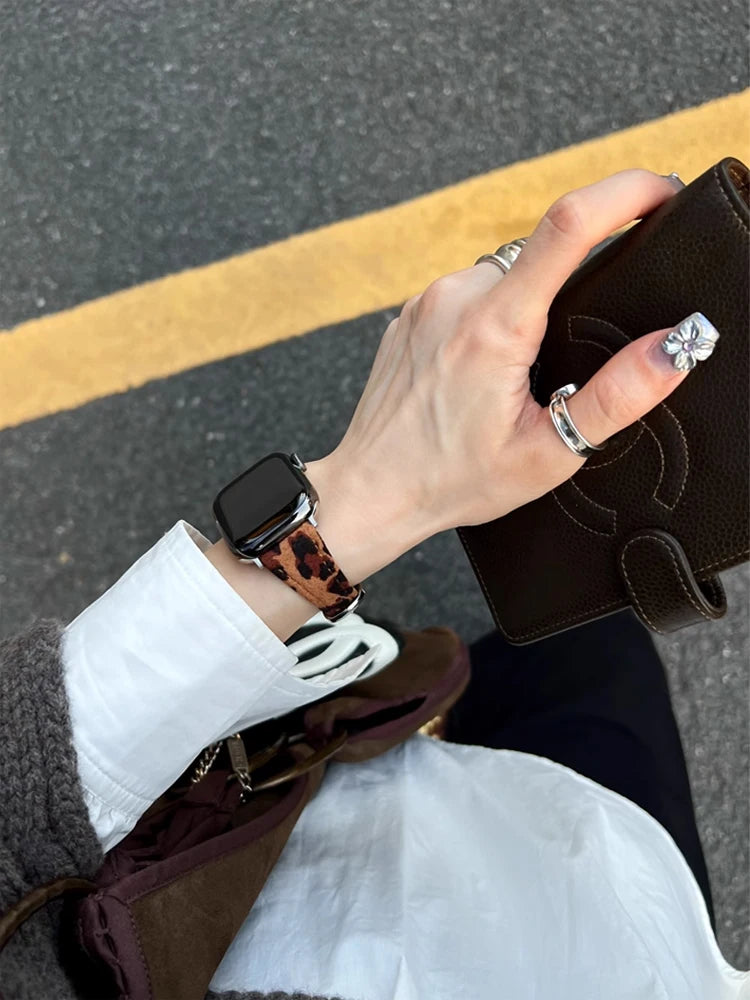 Retro Leather Leopard band For Apple Watch Ultra 10 9 8 7 6 5 SE 4 Girl Slim band For Apple Watch 41mm 40mm 38mm 49mm 42mm 45mm 46mm