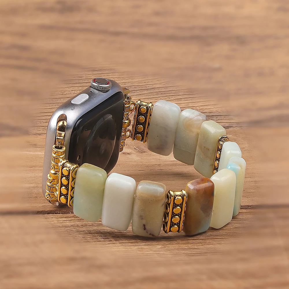 Beaded Natural Stone band Women Compatible For Apple Watch band Series Handmade Elastic Watch band Accessories