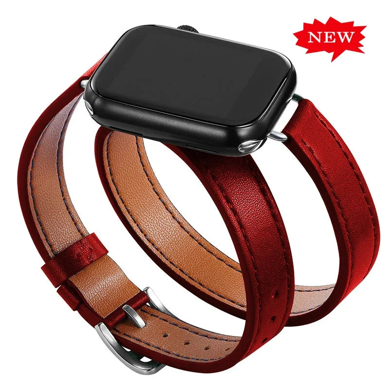 Double loop Slim Leather band for Apple Watch band Ultra 2 49mm Series 10 46mm 41mm 42mm 44mm 45mm band for Apple Watch 9 8 7 6 SE 5 4