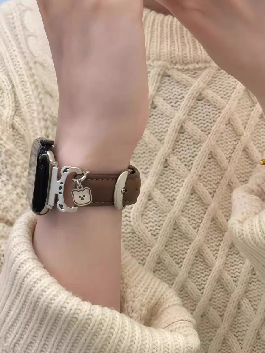 Metal Bear leather loop For Apple Watch band women 11 10 9 8 7 6 5 4 3 SE 38mm 40mm 41mm 42mm 44mm 45mm 46mm 49mm band