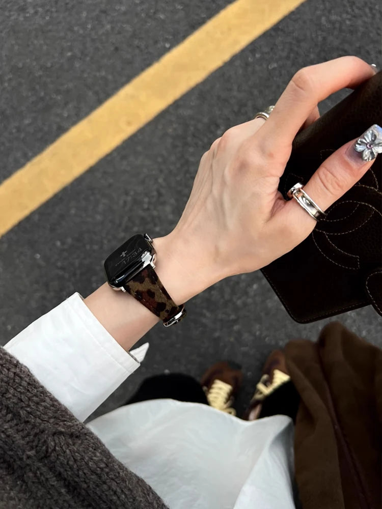 Retro Leather Leopard band For Apple Watch Ultra 10 9 8 7 6 5 SE 4 Girl Slim band For Apple Watch 41mm 40mm 38mm 49mm 42mm 45mm 46mm