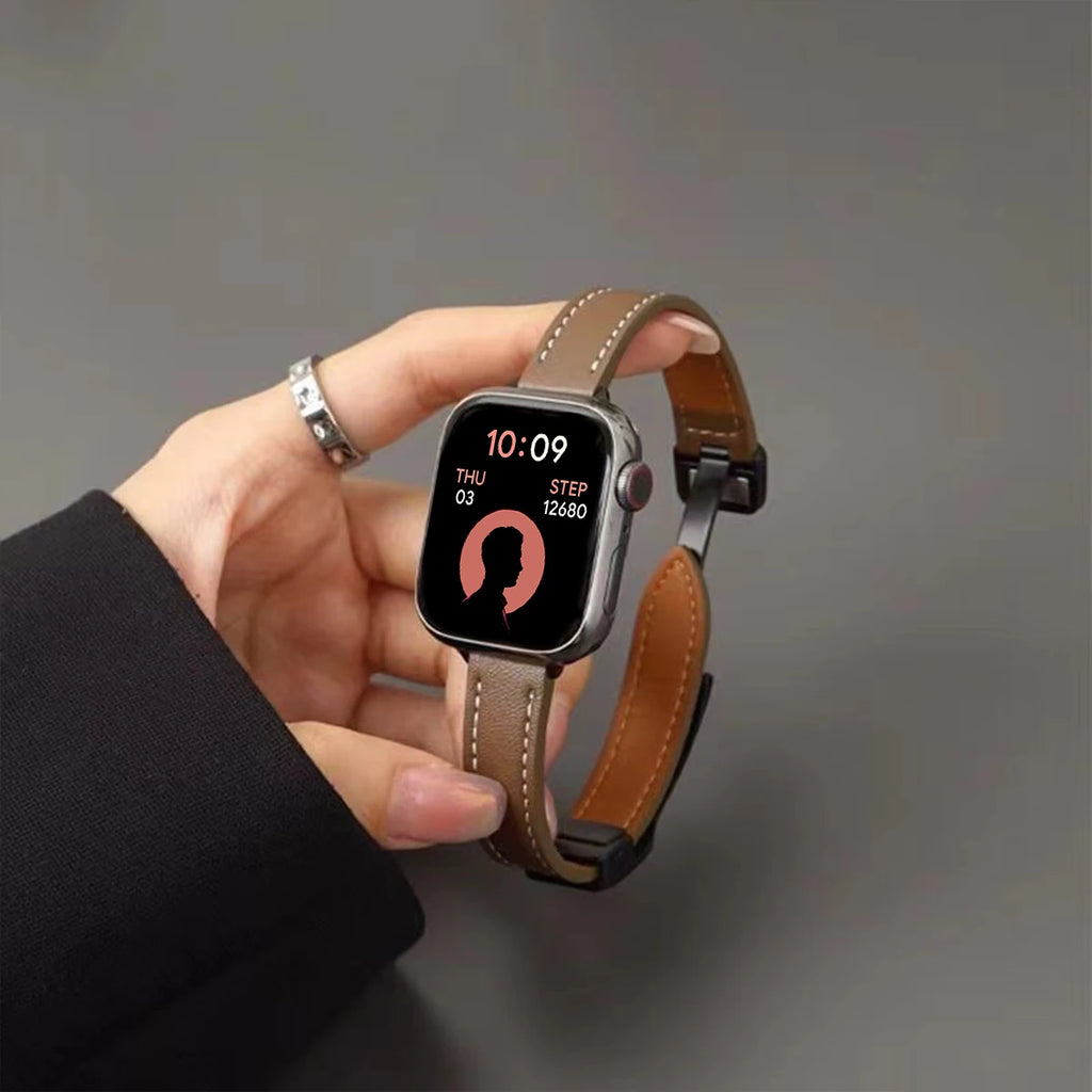 Magnetic Buckle band For Apple Watch 10 42mm 46mm SE 44mm 40mm 9 8 7 41mm 45mm Folding Slim Leather band Apple Watch Series 10 8 7 6 5