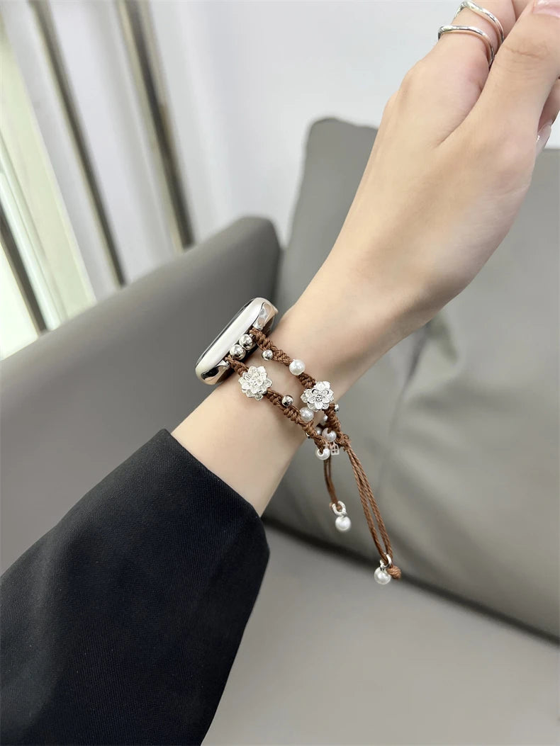 Ins Pearl Flowers band For Apple Watch Series 9 8 7 6 SE 4 5 45mm 44mm 42mm Woven Nylon band Apple Watch Ultra 2 49mm 40mm 38mm Woman
