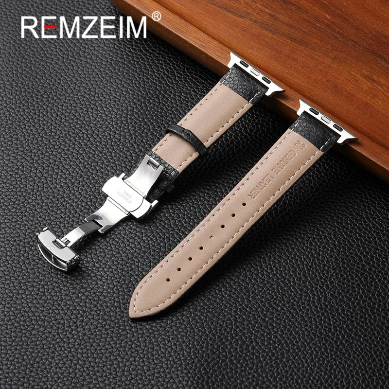 Leather Smartwatch band for Apple Watch 1 10 SE Ultra Butterfly Buckle Replacement band Fits 49mm 46mm 45mm 44mm and 42mm 41mm 40mm 38mm