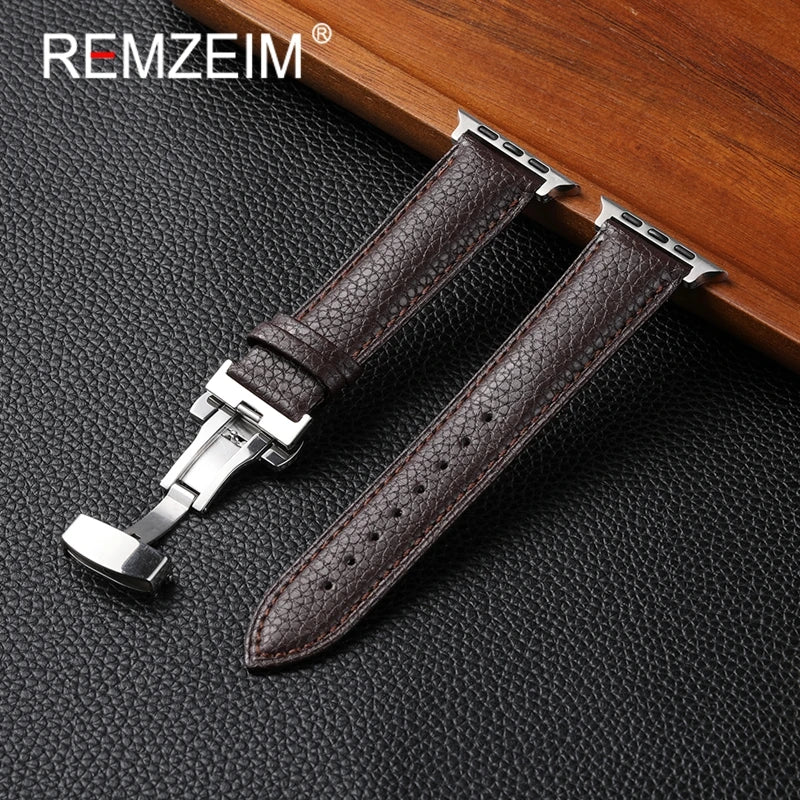 Leather Smartwatch band for Apple Watch 1 10 SE Ultra Butterfly Buckle Replacement band Fits 49mm 46mm 45mm 44mm and 42mm 41mm 40mm 38mm