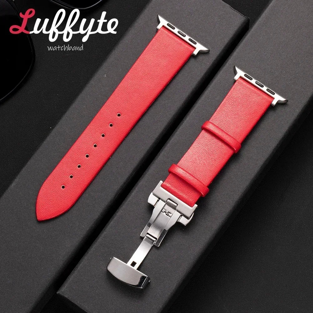 Ultra thin Leather band For Apple Watch 1 10 Ultra SE 2 WristBand with Butterfly Buckle For Apple Watch 38mm 40mm 41mm 42mm 44mm 45mm 46mm 4