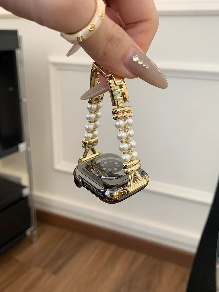 Luxury Pearl band For Apple Watch Ultra 10 9 8 7 6 5 4 Glossy metal band For Apple Watch 40mm 41mm 42mm 44mm 45mm 46mm 49mm