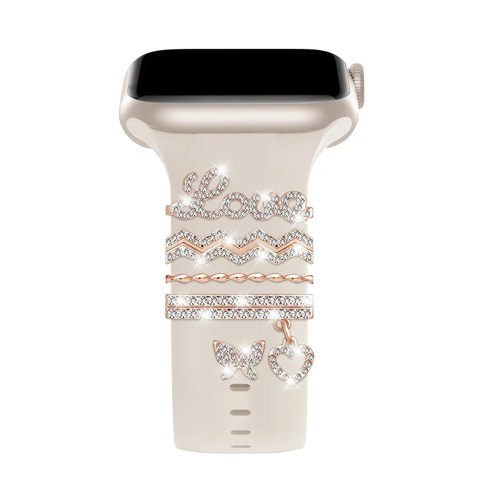 5pcs Decoration Ring For Apple Watch band Series 10 8 7 9 6 Diamond Jewelry Charms for Samsung Huawei Silicone band accessories