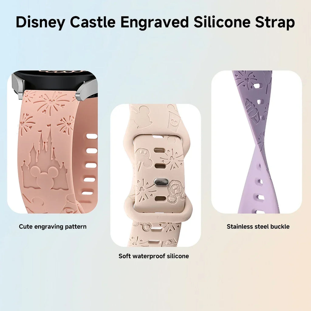 20mm Castle Floral Engraved Band for Samsung Galaxy Watch 7 6 5 4 40/44mm Silicone Cute Strap for Watch 6Classic 47mm 5Pro 45mm