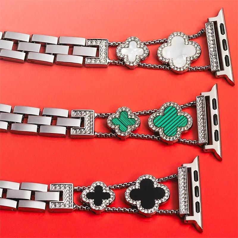 Diamond Four leaf Clover metal band for Apple Watch Ultra 2 49mm 46mm 44mm 42mm 41mm 40mm 38mm band for Apple Watch Series 10 9 8 7 SE 6 ban