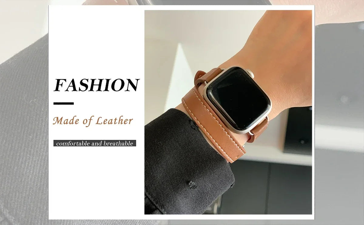 Double loop Slim Leather band for Apple Watch band Ultra 2 49mm Series 10 46mm 41mm 42mm 44mm 45mm band for Apple Watch 9 8 7 6 SE 5 4