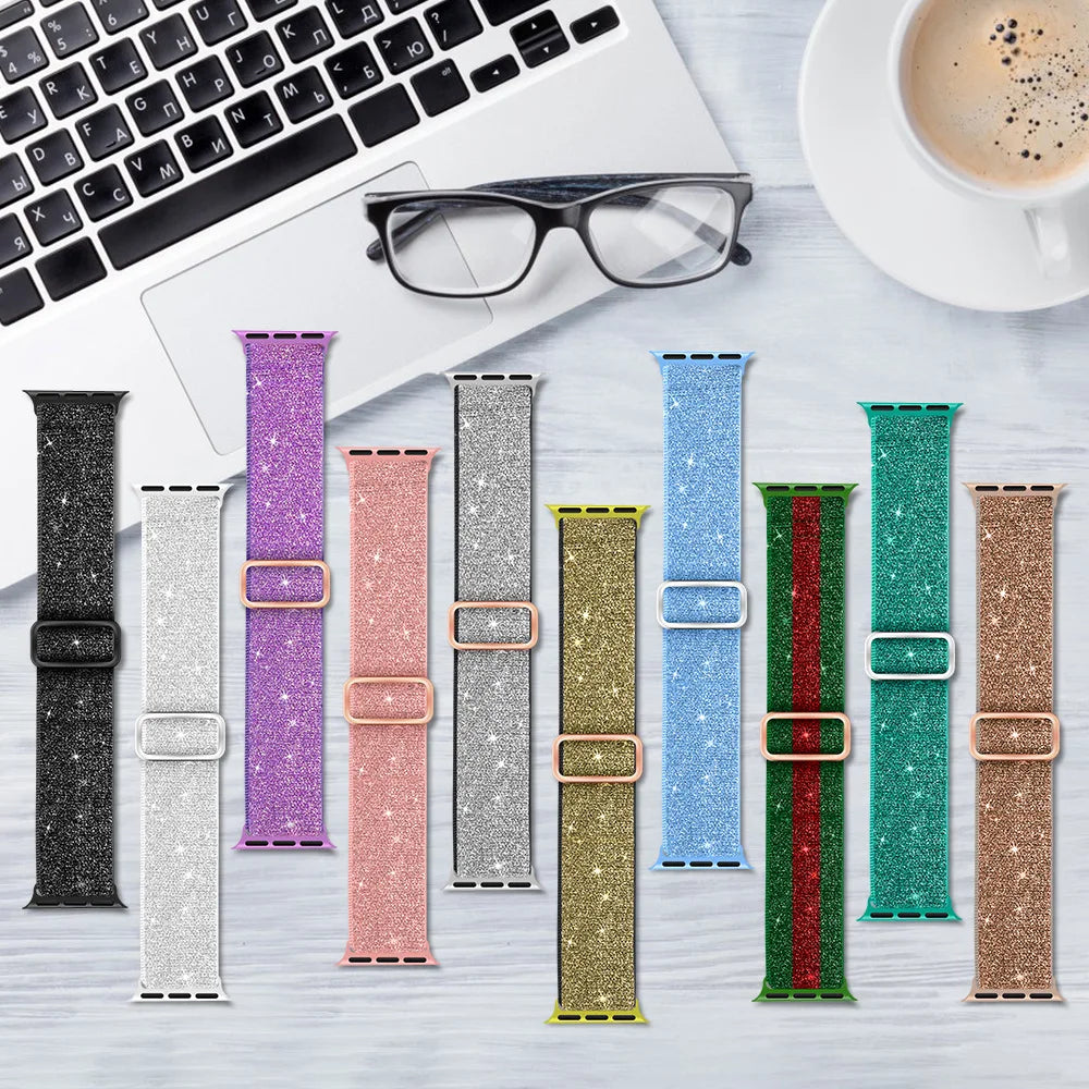 Bohemian Nylon band for Apple Watch Ultra 2 49mm 42mm 45mm 38mm 40mm 41mm 44mm Elastic Shiny band Apple Watch Series 10 9 8 7 6 5 4 3 SE