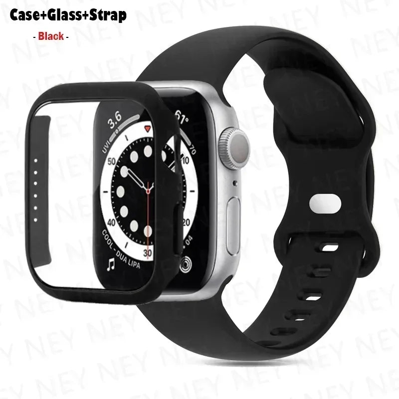 Glass+Case+band For Apple Watch band 41mm 44mm 38mm 42mm 45mm 40mm Silicone band Apple Watch serises 9 8 3 4 5 6 SE 7 watchbands