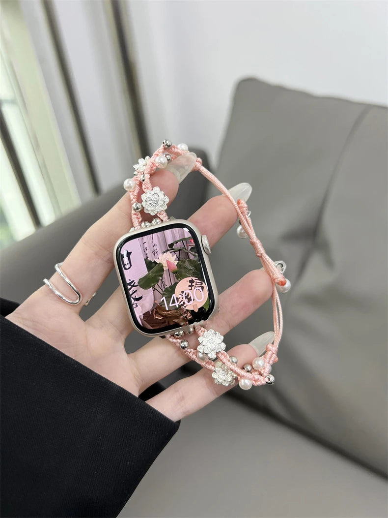 Ins Pearl Flowers band For Apple Watch Series 9 8 7 6 SE 4 5 45mm 44mm 42mm Woven Nylon band Apple Watch Ultra 2 49mm 40mm 38mm Woman