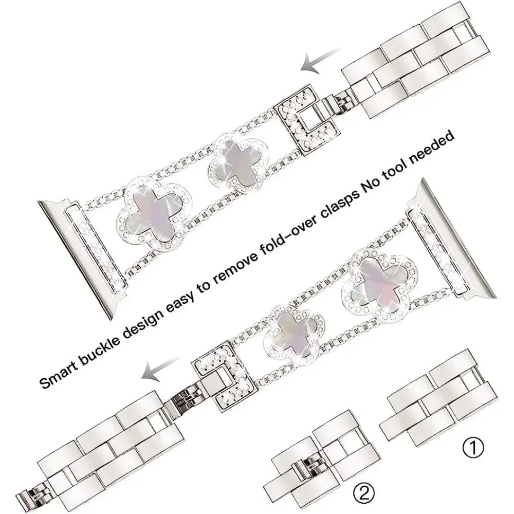 Diamond Four leaf Clover metal band for Apple Watch Ultra 2 49mm 46mm 44mm 42mm 41mm 40mm 38mm band for Apple Watch Series 10 9 8 7 SE 6 ban