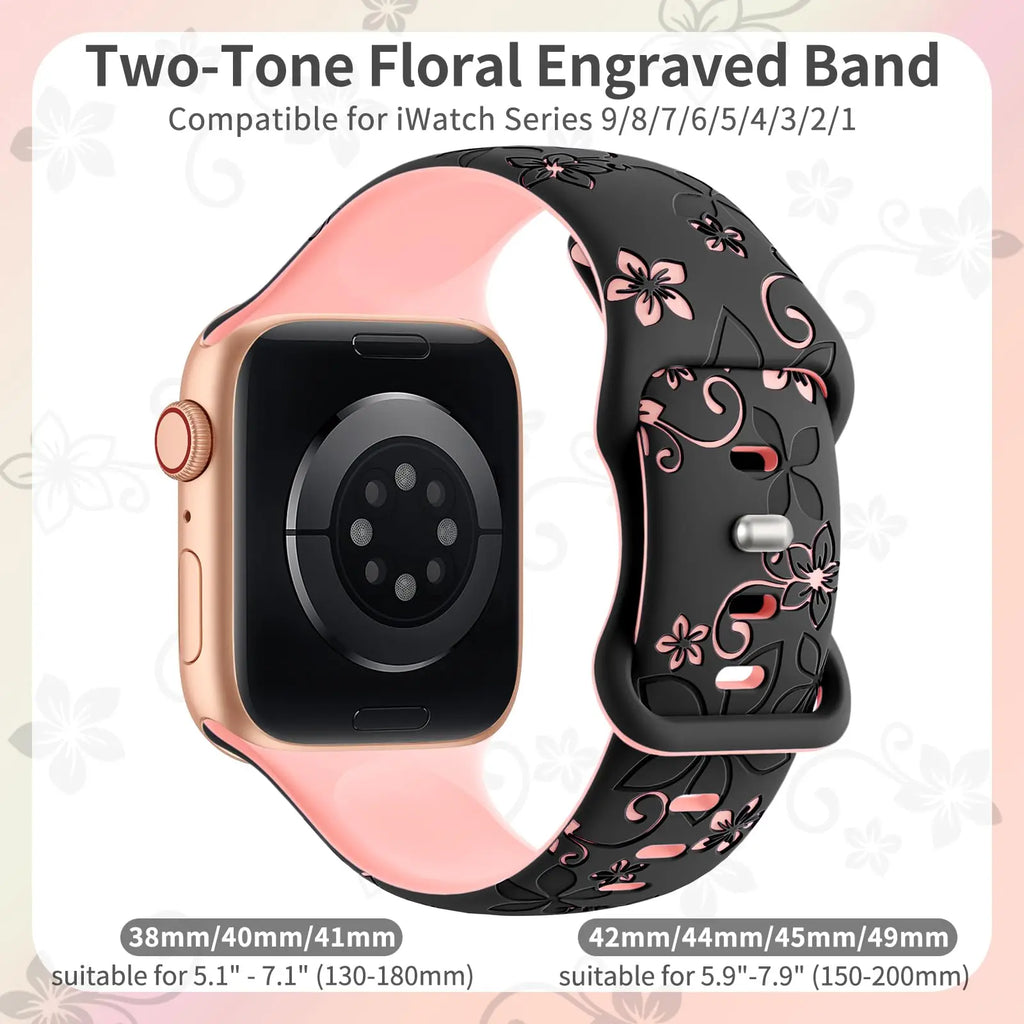Floral Engraved band For Apple Watch band 46mm 41mm 40mm 44mm 45mm 42mm 49mm Silicone Sport Apple Watch Series 11 10 SE 9 8 Ultra 2