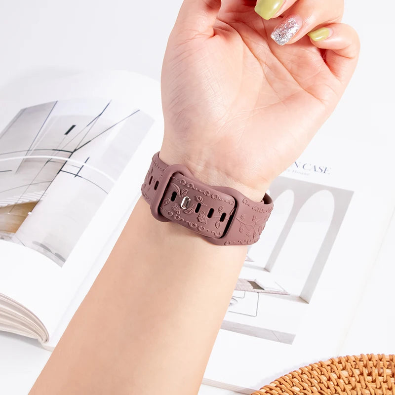 Flower Engraved band For Apple Watch band 44mm 45mm 41mm 40mm 49mm 46mm 42mm band Apple Watch Series 11 10 SE 9 8 7 6 5 Ultra 2