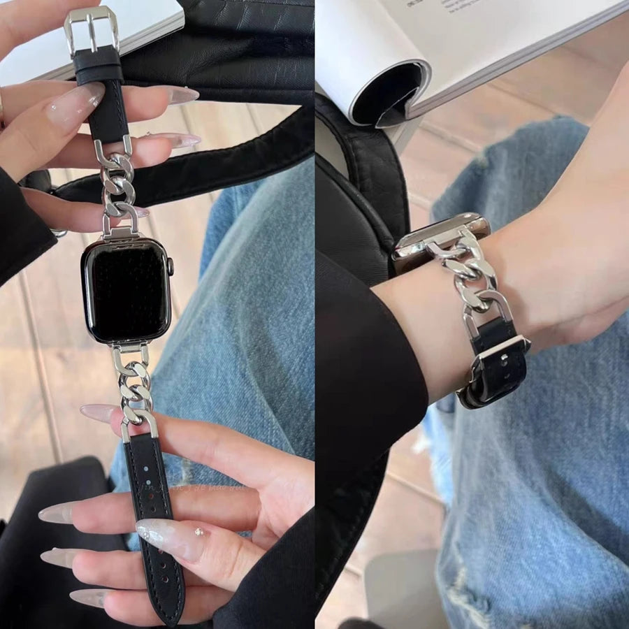 Metal link Elegant Slim Leather loop for Apple Watch band For Women Correa Thin for Apple Watch band