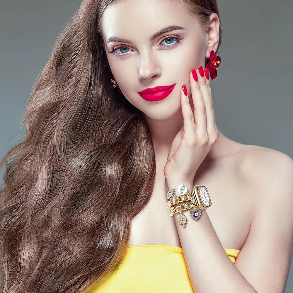 Stylish metal Charms Watch band Compatible with Apple Watch band 38mm 40mm 41mm 42mm 44mm 45mm 49mm Replacement band with Unique Pendants