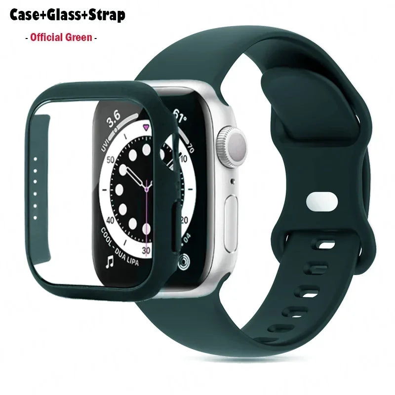 Glass+Case+band For Apple Watch band 44mm 41mm 45mm 40mm 38mm 42mm Silicone band Apple Watch serises 9 8 3 4 5 6 SE 7 watchbands